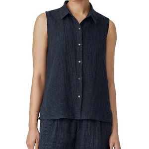 Eileen Fisher Button Front Gingham organic Linen top- Ocean size Medium